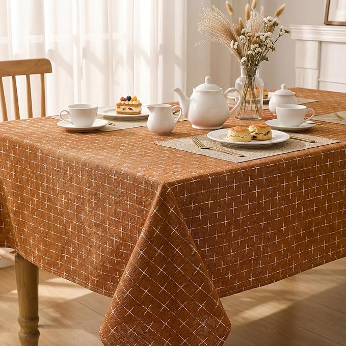 Horaldaily Caramel Rectangular Table Cloth, Cross-Star Solid Textured Embroidery Tablecloth, Wrinkle Free Washable 60×84 Inch Table Cover for Kitchen, Party, Wedding, Picnic, Outdoor