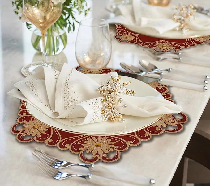 Decozen Set of 8 Doilies for Table, Lace Doilies - Rustic, Crochet, Farmhouse, Kitchen, Dining Table Centerpiece Decor - Round Christmas Placemats - 15 Inch Gold Red, The Imperial Collection