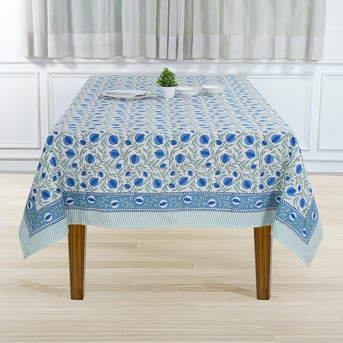 Ridhi Hand Block Print Queen Blue Rectangle Cotton Tablecloth 102" x 48" Reusable Table Cover Decorative Everyday Use for Dining, Farmhouse, Home Gift for Spring, Easter, Valentine