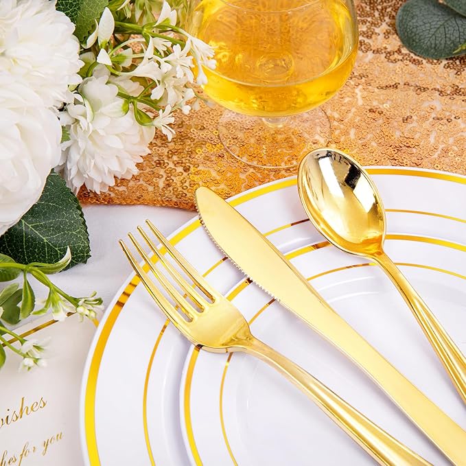I00000 200 Pcs Gold Plastic Plates - Disposable Party Plates Include 100 Dinner Plate and 100 Elegant Dessert Plate Perfect for Party, Holiday, Wedding & Birthday
