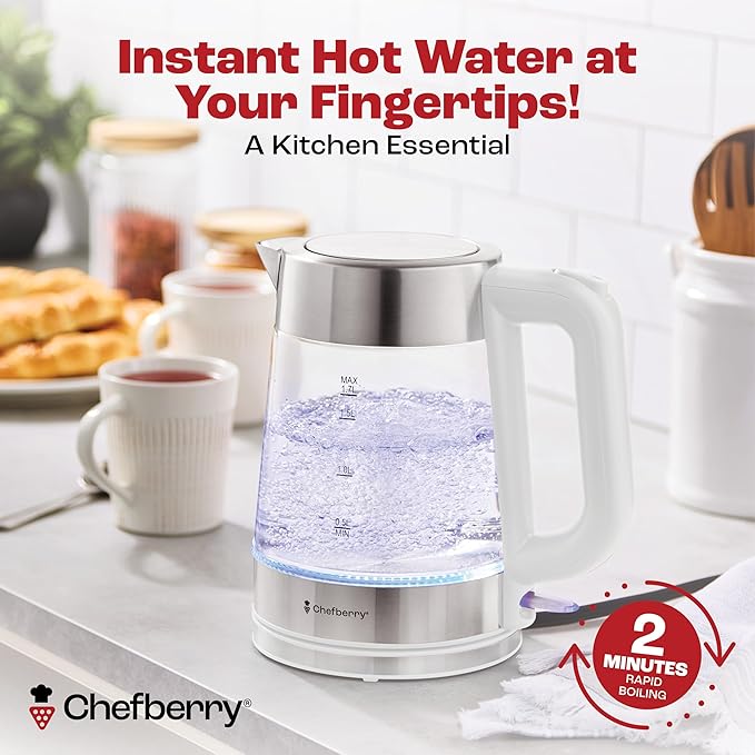Electric Kettle for Boiling Hot Tea & Water | 1.7L Stainless Steel Borosilicate Glass Boiler With No Plastic, Automatic Shutoff, BPA Free, Fast Heating Technology (White)