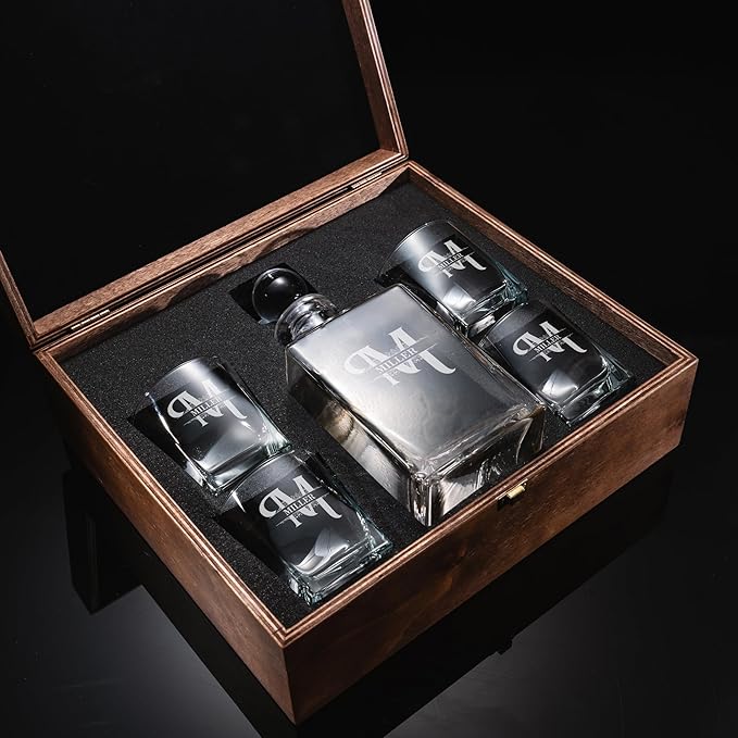 Personalized Whiskey Decanter (27 oz) & Glass Gift Set – Engraved 4 Bourbon Glass & 8 Stones & 4 Wooden Coaster with Wooden gift Box,Old Fashioned Cocktail Glass, Groomsmen & Father’s Day Gift