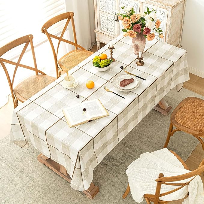 SIELUNO Rectangle Tablecloth Cotton Linen Waterproof Table Cloth Rustic Farmhouse Table Cover for Holiday Parties Christmas Kitchen Dining Decoration-Coffee Checkerboard -54"x102"