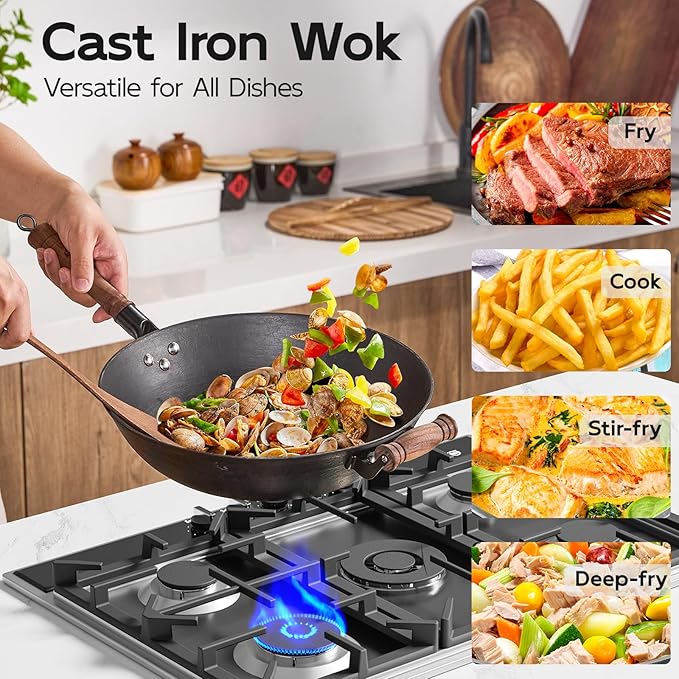 WANGYUANJI 12.6 Inch Iron Wok with Wooden Lid and Spatula, Flat Bottom Chinese Stir Fry Pan, Chemical-Free Uncoated Iron Wok for Induction, Gas and Electric Stoves