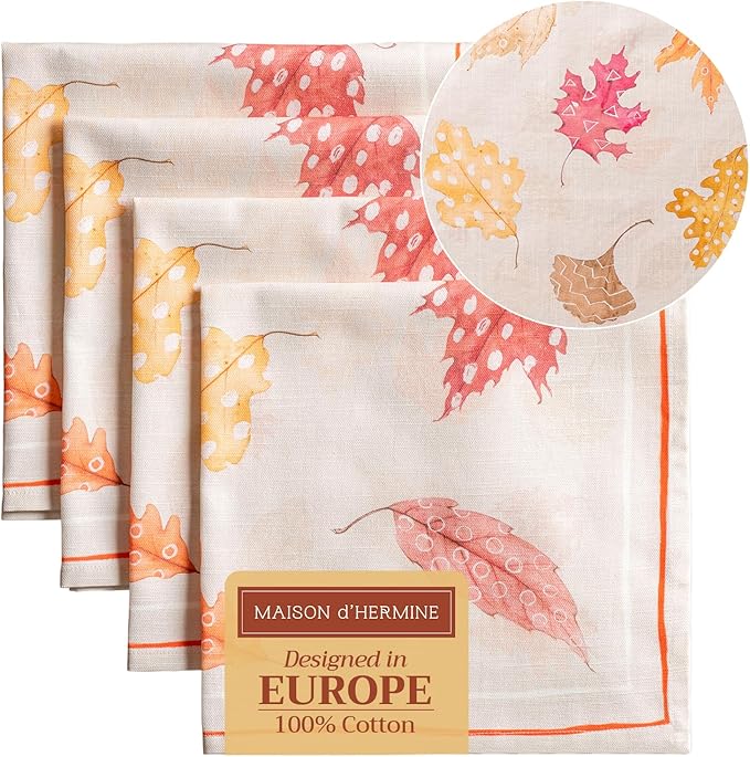 Maison d' Hermine Cloth Napkins Set of 4 100% Cotton for Thanksgiving Christmas Decorations Everyday Reusable Square Fall Napkins Cloth Washable Dinner Party (Colours of Autumn, 20"x20")