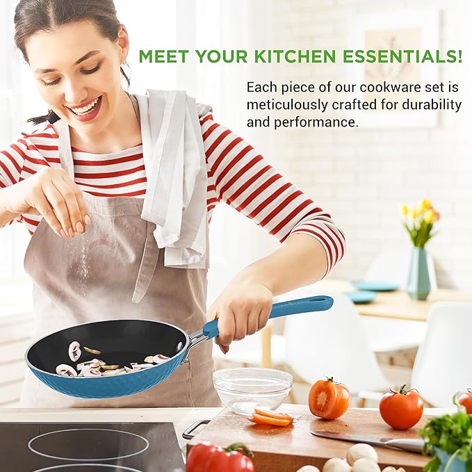 NutriChef 11 Pc Pots and Pans Set - Non Stick Cookware Set with Ceramic Coating, Ergonomic Handles, Induction Ready, Includes Saucepan, Dutch Oven, Large & Small Fry Pans - Royal Blue