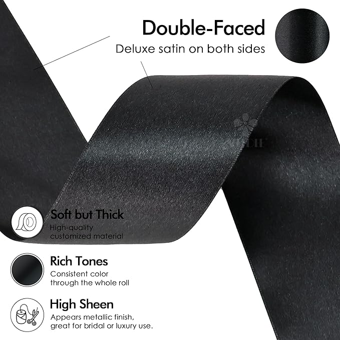 MEEDEE Black Satin Ribbon 2 Inch Black Ribbon Lux Double Faced Ribbons by 25 Yards Silk Satin Ribbons for Gift Wrapping, Crafts, Weddings, Flower Bouquet, Holiday Decorating