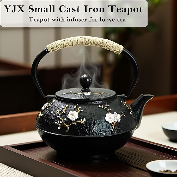 YJX 27oz Small Cast Iron Teapot for Stovetop, Japanese Tetsubin with Enamel, Beautiful Decorative Tea Pot, Durable Tea Kettle with Stainless Steel Infuser for Loose Tea(800ML)