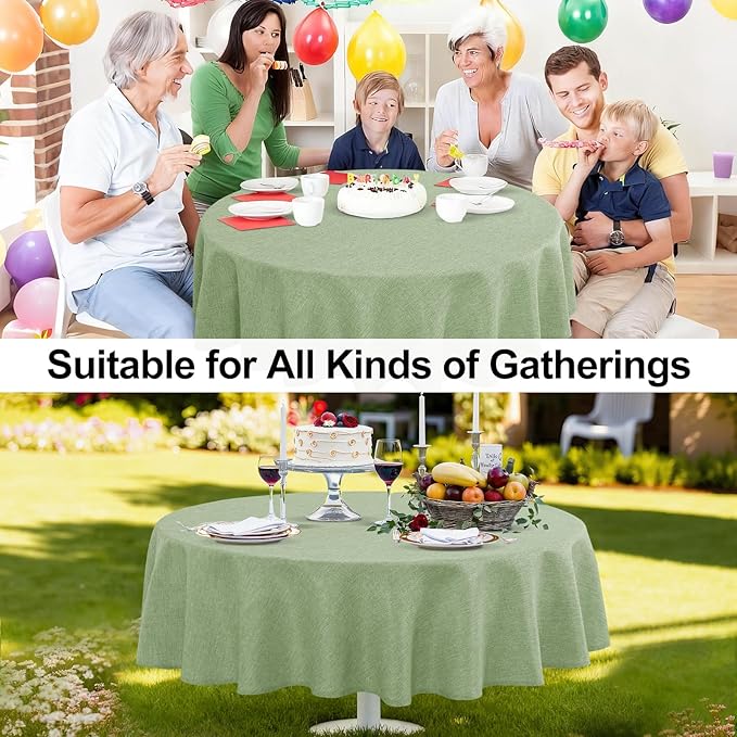 JIUZHEN Round Table Cloth Faux Linen Farmhouse Tablecloth Wrinkle and Stain Resistant Decorative Fabric Table Cover for Kitchen, Dining Room, Parties and Camping, Sage Green, 70 Inch Round