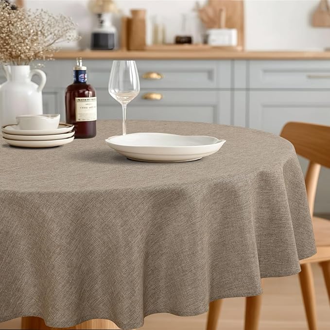 JIUZHEN Round Textured Table Cloth Linen Wrinkle Free Stain Resistant Farmhouse Decorative Circular Tablecloth for Kitchen, Dining, Party, Wedding, Outdoor Use (50 Inch Round,Khaki)