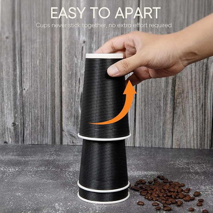 100 Pack 16 oz Disposable Coffee Cups with Lids and Straws, Insulated Ripple Wall To Go Paper Corrugated Cups, Bulk for Hot/Cold Drinks, Cafe Bar, Office, Chocolate, Cocoa (Black)