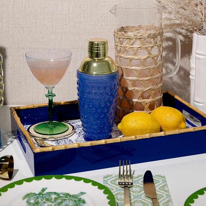 Lilly Pulitzer Hobnail Glass Cocktail Shaker with Gold Lid, Cute Bar Accessories, Drink Shaker for Home Bar Set, Blue Stream Hobnail
