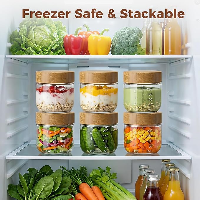 8oz Glass Jars with Airtight Lids - 6 Pack Overnight Oats Containers with Bamboo Lids, Small Food Containers with Measurement for Yogurt, Salad, Chia, Wide Mouth Mason Jar with Lid for Food Storage