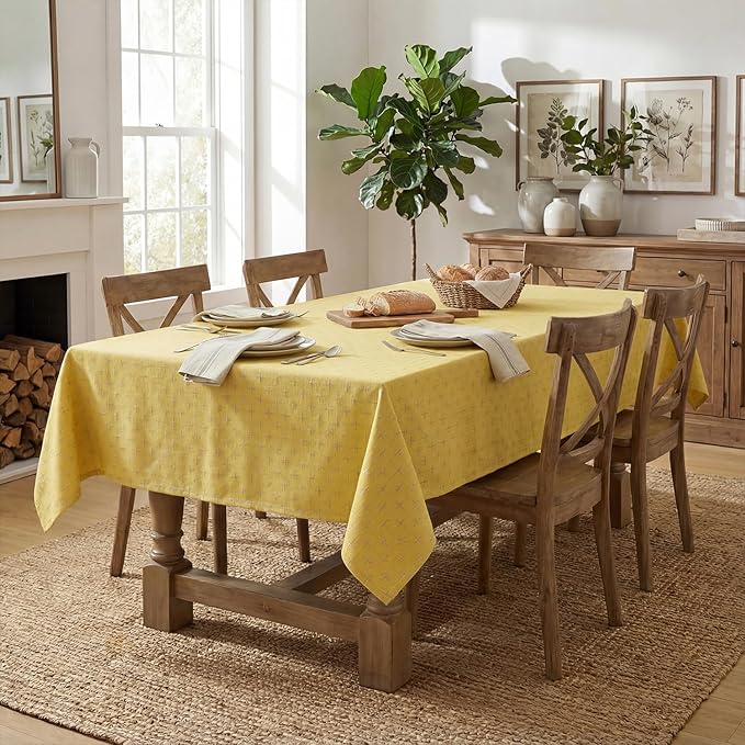 Horaldaily Yellow Rectangular Table Cloth, Cross-Star Solid Textured Embroidery Tablecloth, Wrinkle Free Washable 52×70 Inch Table Cover for Kitchen, Party, Wedding, Picnic, Outdoor