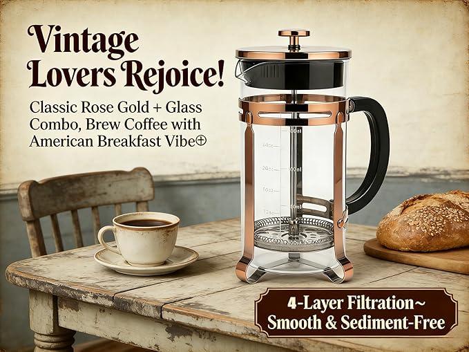 French Press Coffee Maker 34 oz, 304 Stainless Steel Double Mesh Filter, Borosilicate Glass, Heat-Resistant, BPA-Free, Large Capacity for Family & Office, Great Gift