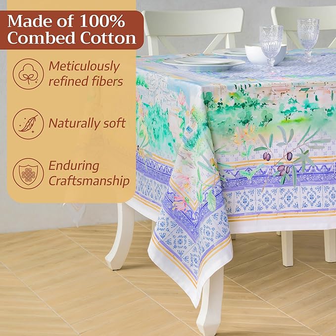 Maison d' Hermine Premium Table Cloth Rectangle Table 100% Combed Cotton 90 x 70 Inches Tablecloth Reusable Decorative for Dining Room, Farmhouse, Home, Party, Festive & Wedding - Luberon