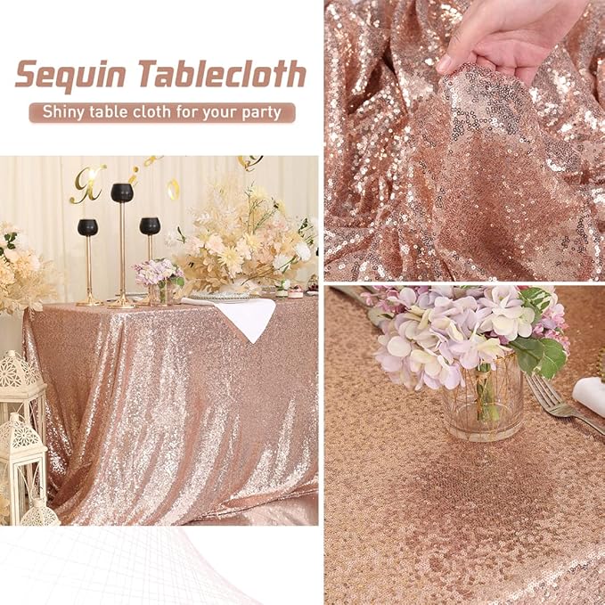 Eternal Beauty Rose Gold Tablecloth, 60x102 Inch Sequin Rectangle Table Cover for Valentines Cake Dessert Exhibition Party Birthday Events