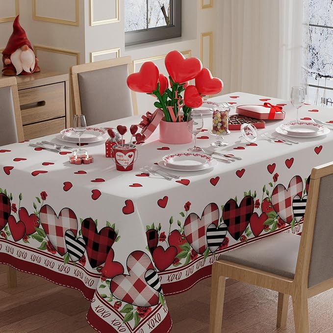 XCHI Plaid Love Hearts Valentine’s Day Tablecloth Rectangle Table Cloth Washable Table Covers for Indoor Outdoor Dining Home Party Decorations 60x120 Inch