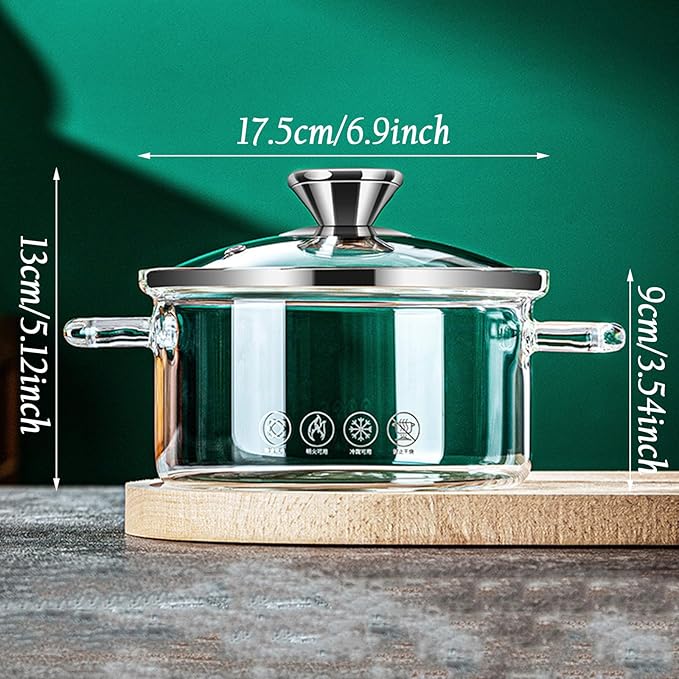 Glass Saucepan for Cooking High Borosilicate Stovetop Cooking Pot with Lid and Handle, Heat Resistant Glass Cooking Pot for Pasta Noodle Soup Milk Food, Refrigerator and Microwave Safe,1.3L