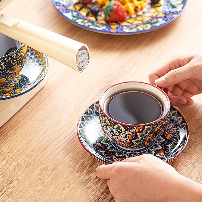 Henten Home 8.5 oz Cup with Saucers Set, Ceramic Coffee Mug Set of 6, Colorful Porcelain Cup for Latte, Tea, Cappuccino, Hot Cocoa, Espresso, Microwave & Dishwasher Safe