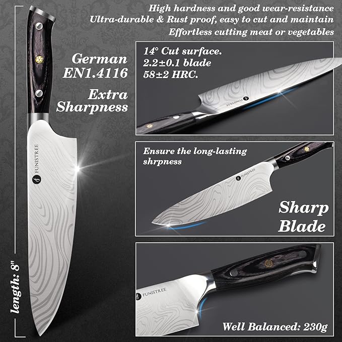8 inch Professional Chef Knife, Sharp Kitchen Knife, German High Stainless Steel EN1.4116, Gifts for Men Him Husband Dad, Valentines Day Anniversary Birthday Gift from Wife Daughter Son