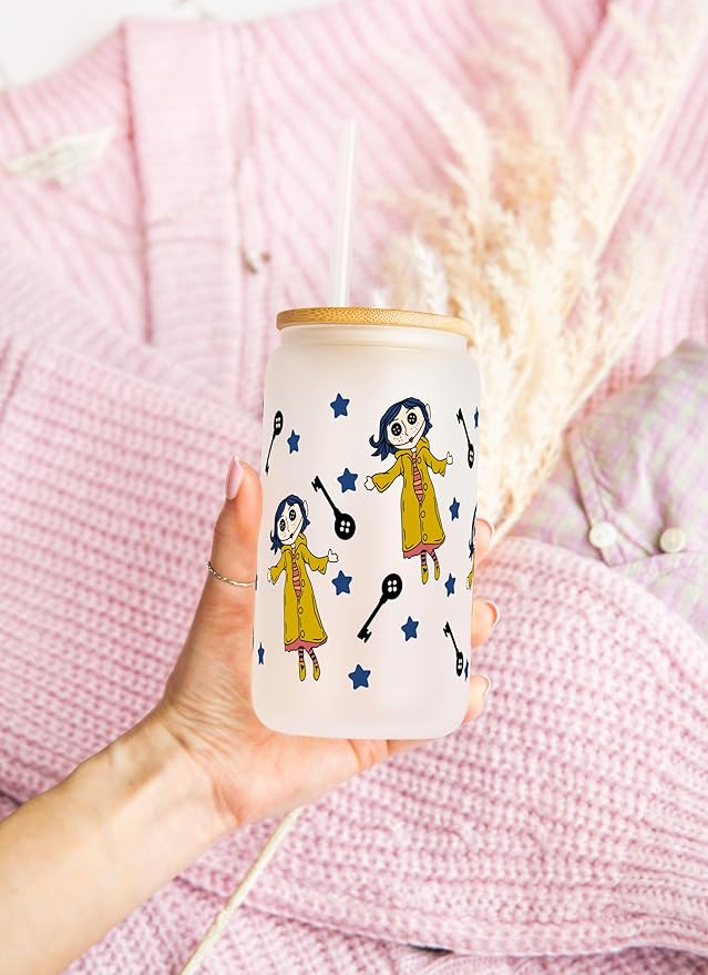 Sip-Sip Hooray! Button Doll Frosted 16oz Glass Can Cup with Lid and Straw, Custom Sipper Iced Coffee Tumbler, Cute Beer Soda Glass, Unique Gift for Her, Aesthetic Drinkware
