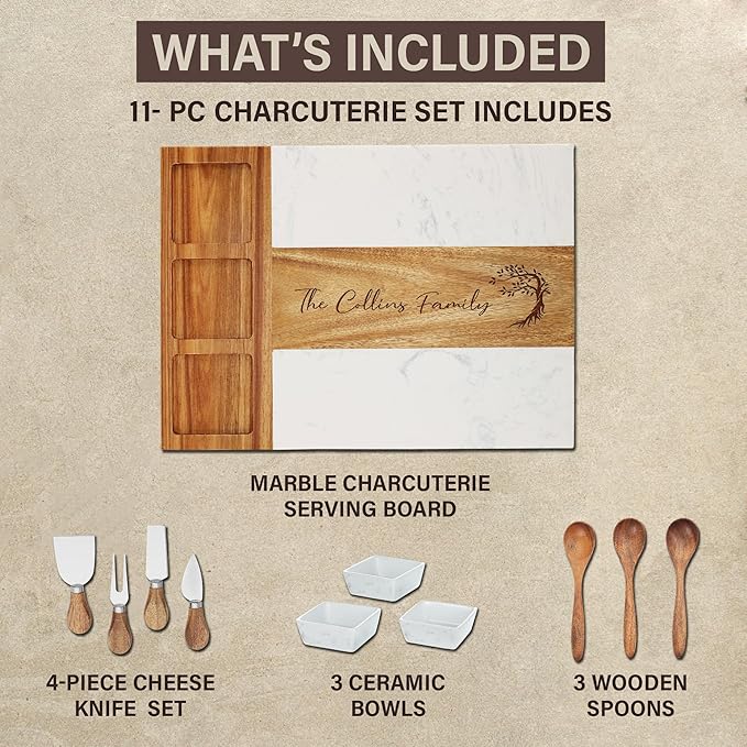 Personalized Charcuterie Board Set, Housewarming Gift for New Home, Custom Engraved Marble Wood Cheese Board, Realtor Closing Gift, New Apartment & First Home Gift for Couples and Friends