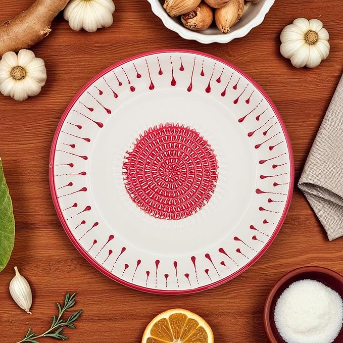 Ceramic Grater Bowl, Garlice Grater Plate, Handmade Ginger Grater, Mincer Bowl for Cheese &Vegetables, Ceramic Decorative Mincer, Hand Dish for Garlic (Red Drops)