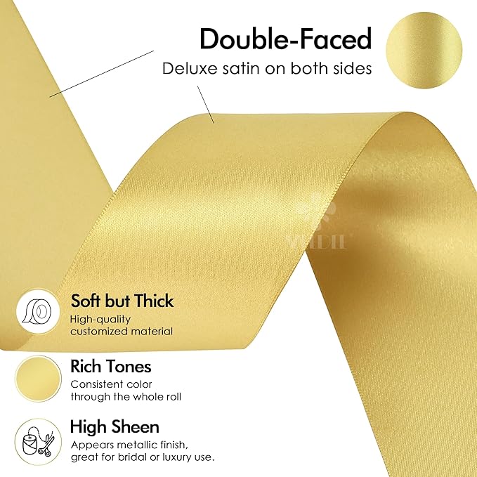 MEEDEE Gold Satin Ribbon 2 Inch Gold Ribbon Lux Double Faced Ribbons by 25 Yards Silk Satin Ribbons for Gift Wrapping, DIY Crafts, Wedding, Flower Bouquet, Holiday Decorating