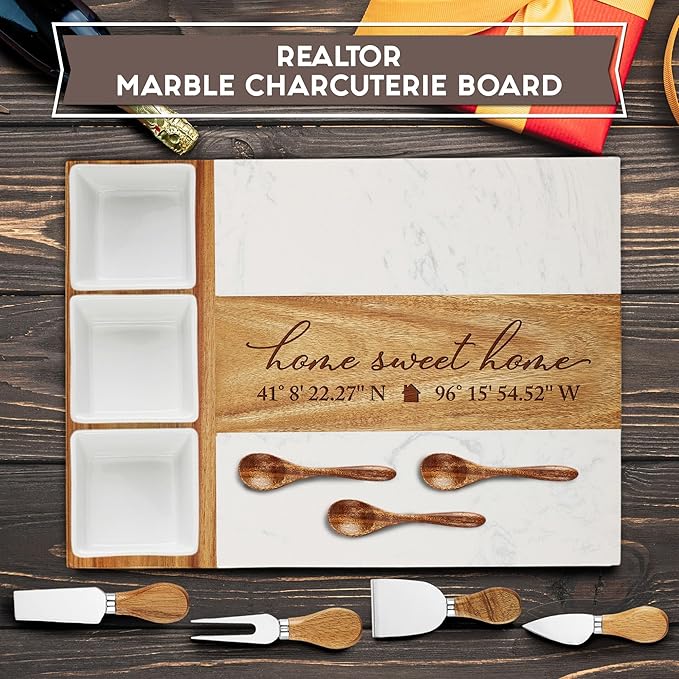 Personalized Charcuterie Board Set, Realtor Closing Gift, Custom Engraved Marble Wood Cheese Board, Real Estate Agent Gift, Housewarming Gift for Buyers, Cheese Platter Serving Board, Gift Ready Box