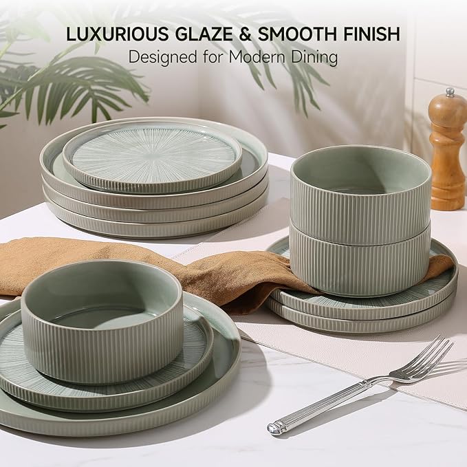 Dinnerware Sets for 4, Ceramic Plates and Bowls Set 12 Piece Dinnerware Chip Resistant Stoneware, Dishwasher and Microwave Safe-Green
