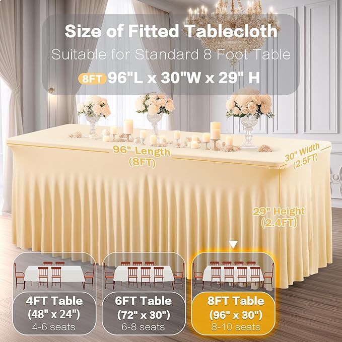 2 Packs Champagne Spandex Table Clothes for 8 Foot Rectangle Table, Spandex Table Covers 8FT Stretch Table Skirts Wrinkle Free Fitted Tablecloth for Event, Wedding, Banquet & Parties
