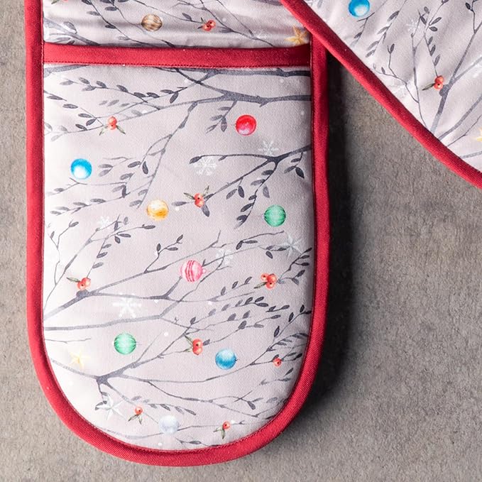 Maison d' Hermine Double Oven Mitt (7" x 35") 100% Cotton Heat Resistant BBQ Cooking Gloves with Loop for Thanksgiving Christmas Decorations Baking Cooking Barbeque Handling Hot Pan (Fairy Christmas)