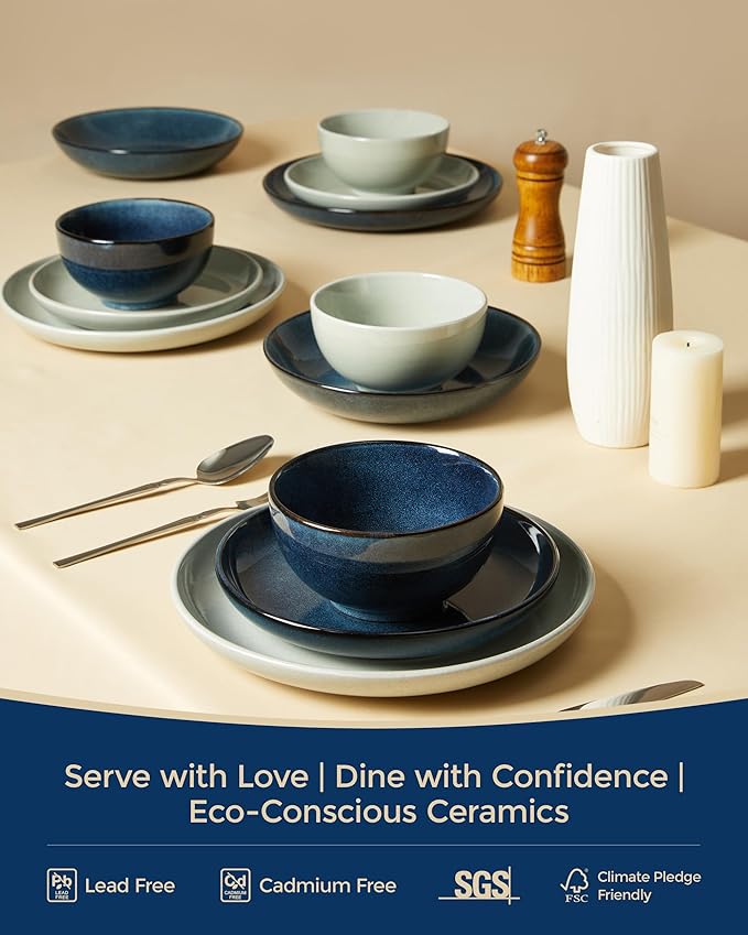 24 Piece Double Bowl Dinnerware Sets with Pasta Bowls, Highly Chip and Crack Resistant Plates and Bowls Sets, Natural Earthyware Ceramic Dishware Sets, Service for 6 Starry Blue