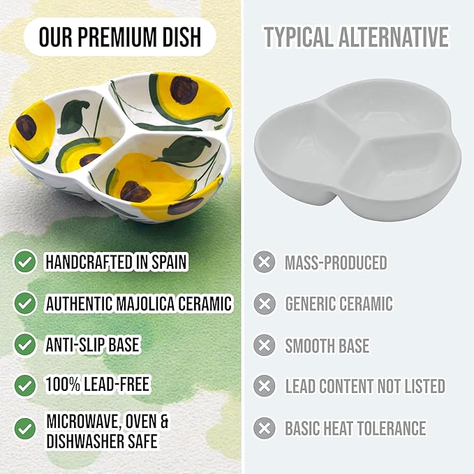 Ceramic Chip & Dip Bowl 7.5”, 3-Compartment Divided Serving Dish & Condiment Tray for Appetizers – Handmade in Spain, Lead-Free Glaze, Microwave, Oven & Dishwasher Safe