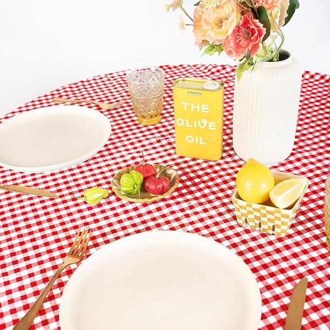MONDAY MOOSE Gingham Checkered Farmhouse Rustic Ruffle Style Decoration Round Natural Stonewashed Cotton Tablecloth for Kitchen, Dining Room, Restaurant (60" Round, Red/White)