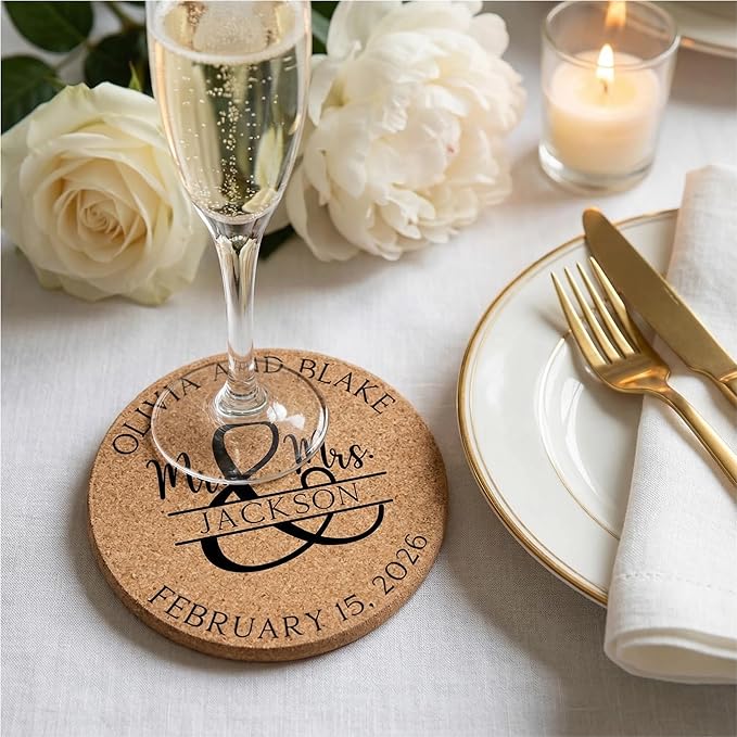 Set of 30-100 Personalized Cork Coasters | Monogrammed Mr & Mrs Wedding Coaster Favors | Custom Engraved Cork Coaster Set | CC104