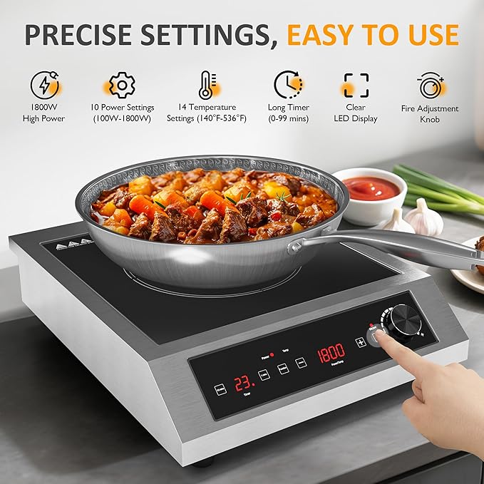 Sunvivi 1800W Portable Induction Cooktop, Commercial-Grade Electric Countertop Burner with Timer, Induction Hot Plate with LED Screen, 10 Power(100W-1800W), 14 Temp Setting(140°F-536°F), Black