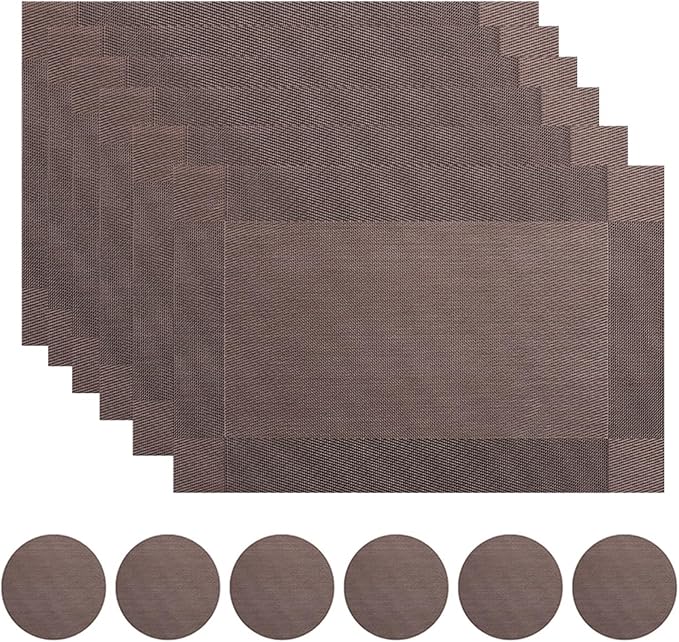 Set of 6 Placemats Black Place Mats Crossweave Woven Non-Slip Washable Table Mats for Table Dining Kitchen and Reataurant(Brown)