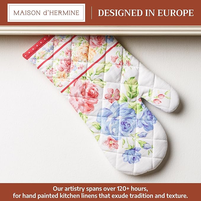 Maison d' Hermine Oven Gloves 100% Cotton Oven Mitt 7" x 13" with Loop Heat Resistant, BBQ, Cooking Gloves, Baking, Grilling, Kitchen, Handling Hot Pans Spring/Summer (Pack of 1, Vintage Floral)