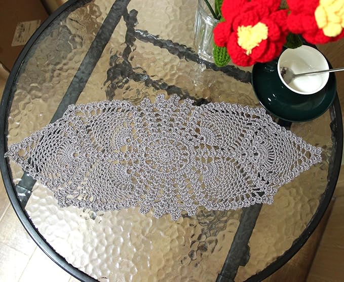 BIBITIME Crochet Lace Table Doilies Eyes Flower Doily Kitchen Vase Place Mats (7 in x 21 in,Pack of 2PCS, Style02-Dark Grey)