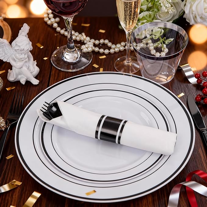 WELLIFE 210Pcs Black Plastic Dinnerware with Pre Rolled Napkins, Include:30 Dinner Plates, 30 Dessert Plates, 30 Paper Napkins, 30 Cups, 90 Plastic Cutlery