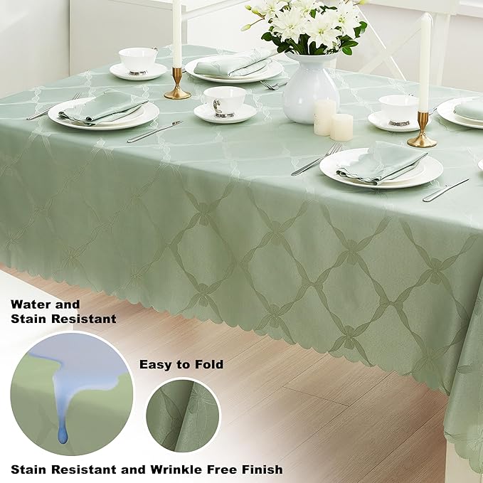 Newbridge Ribbons and Bows Damask Spring & Easter Holiday Fabric Tablecloth, Sage Green, 60 x 144 Inch Rectangle, Wrinkle & Stain Resistant Table Cover