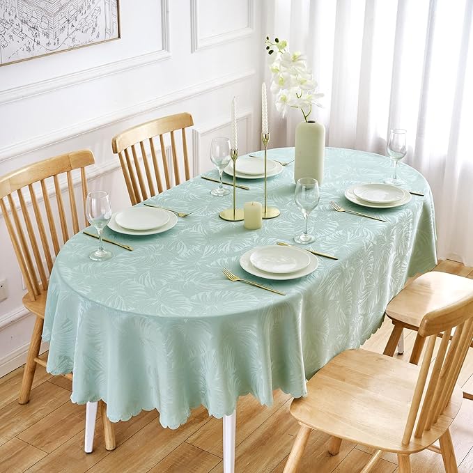 Oval Tablecloth 60x84 Inch Table Cloth Leaves Pattern Scalloped Edge Silky Soft Fabric Waterproof Wrinkle Free Washable Table Cover for Kitchen Dinning Party Decoration (Aqua)