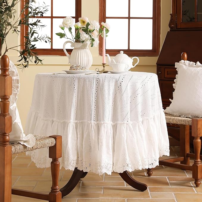 patdrea Vintage White Lace Tablecloth,Design Embroidered Cotton Ruffle Table Cloth for Round Table,Elegant Rustic Fabric Decorations for Wedding Party Thanksgiving Christmas Diameter 71"