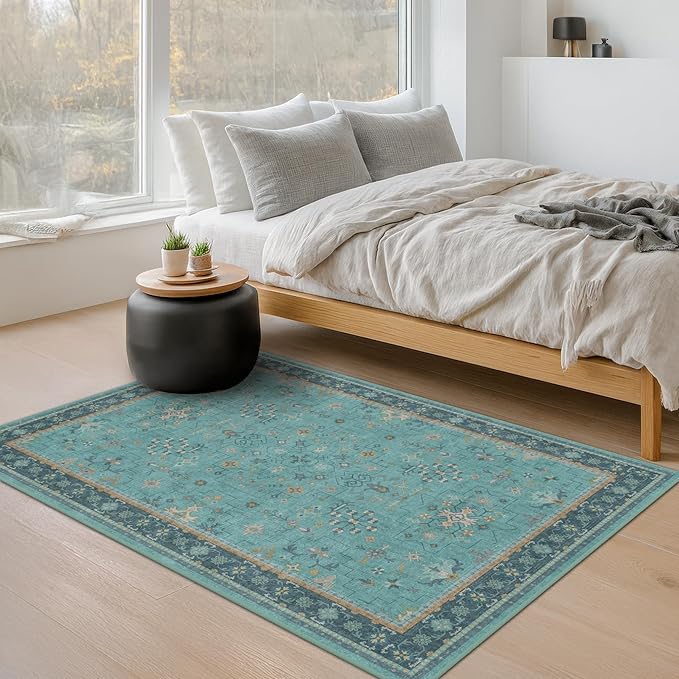 Teal 3x6 Wide Non Slip Kitchen Rug - Washable Front Door Runner Indoor Entrance, Vintage Floral Pattern Indoor Decor, Non Slip Soft Low Pile Fade Resistant