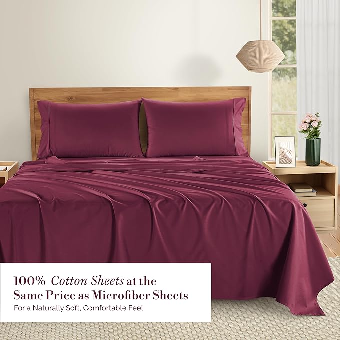 Casa Platino Twin Size Sheet Set – 4 Piece Cooling Sheets Twin Size 100% Cotton Crisp Percale Sheets with Breathable & Cozy Feel, 15" Deep Pocket Fitted Sheet for Secure Fit – Windsor Wine