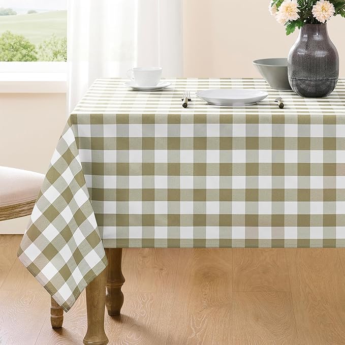Checkered Tablecloth Rectangle Gingham Table Cloths Waterproof Wrinkle Free Buffalo Plaid Table Covers Washable for Dining, Parties & Outdoor Picnic(Khaki and White, 60"×84")