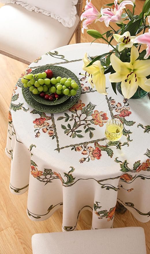 patdrea Designer Vintage Linen Round Tablecloth,French Floral Tablecloths,Wrinkle Free Table Cloth,Decorative Table Cover Cloth for Kitchen,Dining,Tea Party,Home,Christmas,Diameter 55"