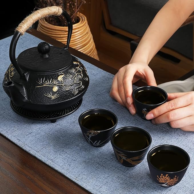 RekRang Longevity Crane Cast Iron Teapot, Japanese Style Tetsubin Tea Kettle with 4 Cups, Removable Infuser and Trivet, Antique Cast Iron Tea Set for Stove, 800ml, 28Ounce
